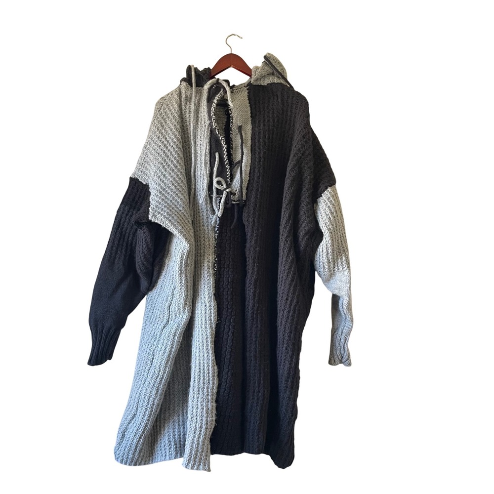 Oversized Crochet Hooded Knit Cardigan Lace‎ Up Gray Black Chunky Sweater